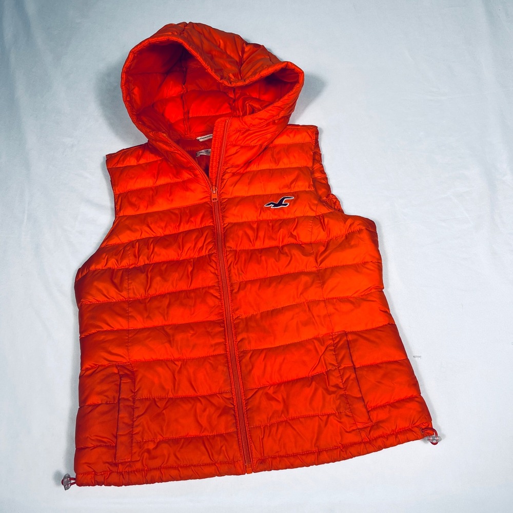 Hollister Womens Orange Hooded Puffer Vest Medium Full Zip Quilted Sleeveless